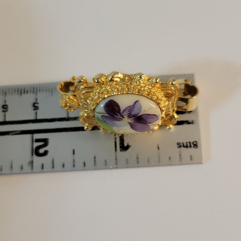 Hand Painted Scarf Clip Vintage Flower Goldtone - Picture 3 of 5